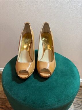 Michael Kors Camel Patent Peep-Toe Platform Heels